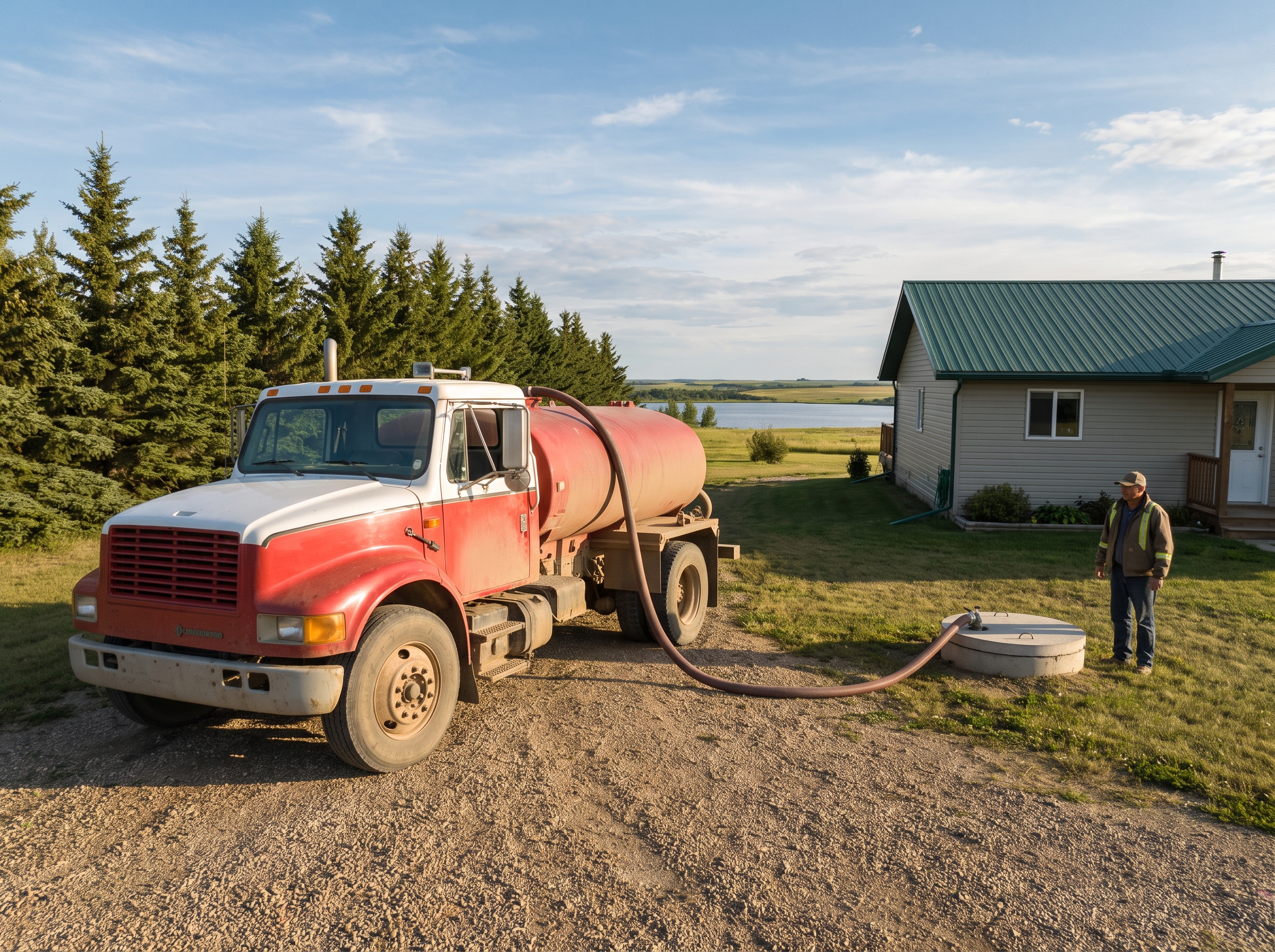 Water truck filling a residential cistern at a rural acreage near a lake