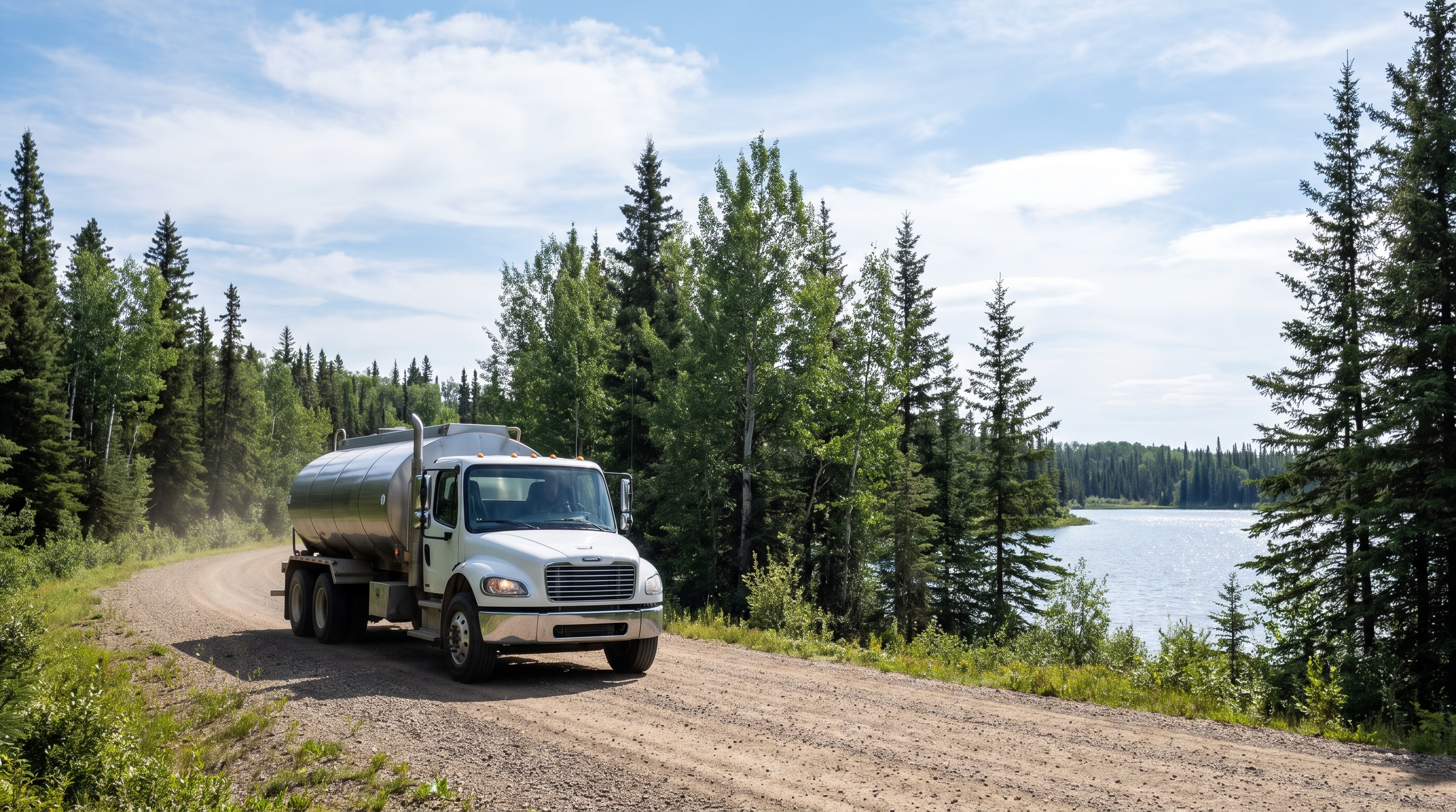 Beniuk's water tanker on a gravel road by a lake in the Lac La Biche boreal forest