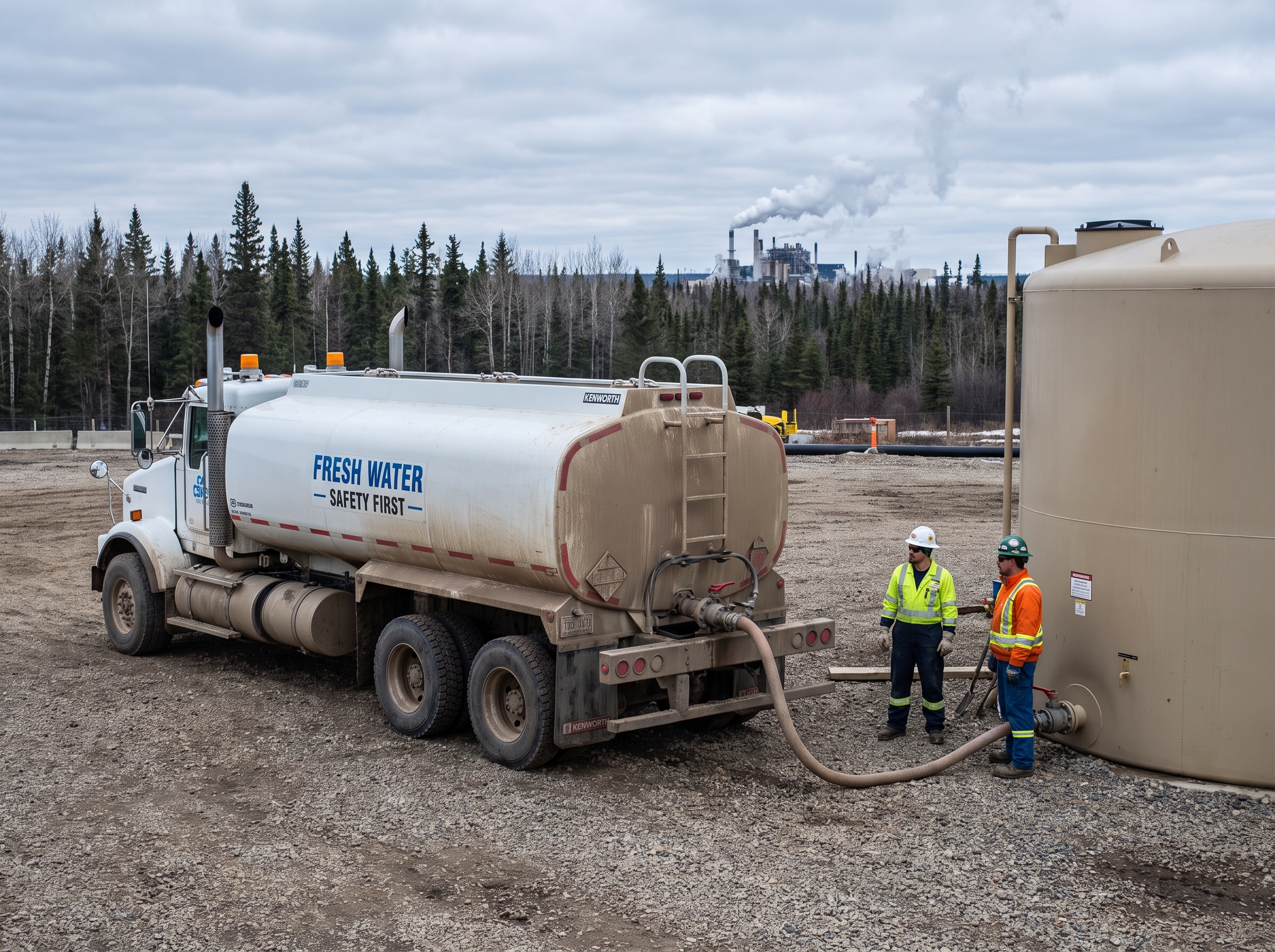 Beniuk's tanker supplying fresh water to a storage tank on a lease site